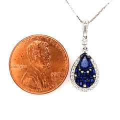 14 Karat White Gold Pendant with a Pear Cut Blue Sapphire & Emerald Cu