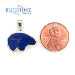 Large Sterling Silver California Black Bear Pendant with Natural Lapis