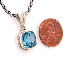 Medium Sterling Silver Pendant with One Cushion Cut Blue Topaz Gemston