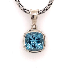 Medium Sterling Silver Pendant with One Cushion Cut Blue Topaz Gemston