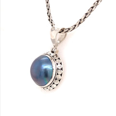 Sterling Silver Grey Blue Mabe Pearl Pendant - 22" Petite Chain