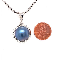 Sterling Silver Grey Blue Mabe Pearl Pendant - 22" Petite Chain