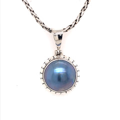 Sterling Silver Grey Blue Mabe Pearl Pendant - 22" Petite Chain
