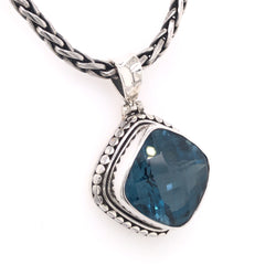 Large Sterling Silver Pendant with One Square Cushion Cut London Blue