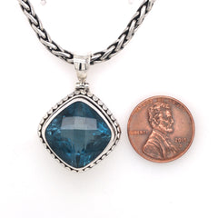 Large Sterling Silver Pendant with One Square Cushion Cut London Blue