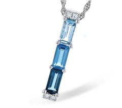 14KWG Baguette Blue Topaz Pendant w/ Diamonds