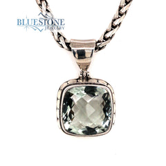 Sterling Silver Pendant with One 12mm Wide Square Cushion Cut Green Am