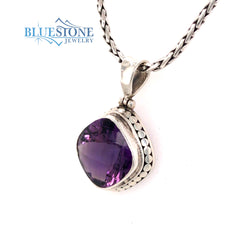 Sterling Silver Pendant with One Medium Square Cushion Cut Amethyst on