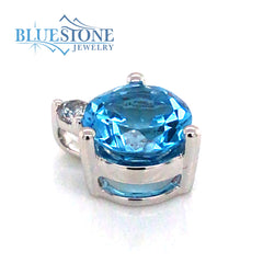 14K White Gold Blue Topaz and Diamond Pendant