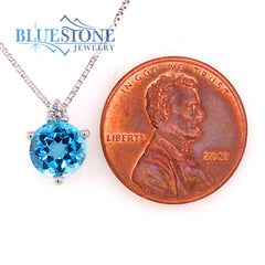 14K White Gold Blue Topaz and Diamond Pendant