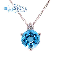14K White Gold Blue Topaz and Diamond Pendant