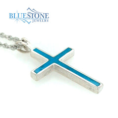 Large Sterling Silver Cross Pendant w/ Turquoise Inlay