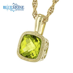 14 Karat Yellow Gold Pendant with One 0.95 Carat 6mm Cushion Cut Perid