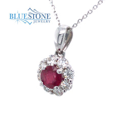 14 Karat White Gold Pendant with One 4mm Round Natural Ruby and 8 Roun