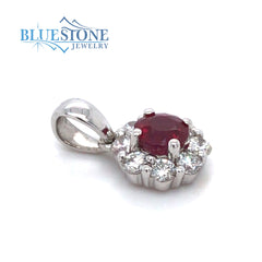14 Karat White Gold Pendant with One 4mm Round Natural Ruby and 8 Roun