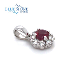 14 Karat White Gold Pendant with One 4mm Round Natural Ruby and 8 Roun