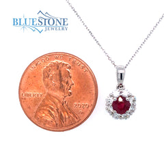14 Karat White Gold Pendant with One 4mm Round Natural Ruby and 8 Roun