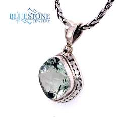 Sterling Silver Pendant with One 12mm Wide Square Cushion Cut Green Am