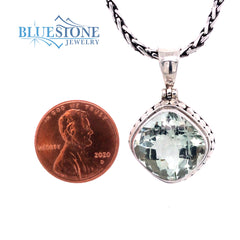 Sterling Silver Pendant with One 12mm Wide Square Cushion Cut Green Am
