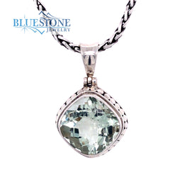 Sterling Silver Pendant with One 12mm Wide Square Cushion Cut Green Am