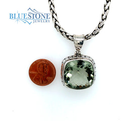 Extra Large Sterling Silver Pendant with One Square Cushion Cut Green
