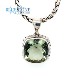 Extra Large Sterling Silver Pendant with One Square Cushion Cut Green