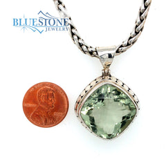 Extra Large Sterling Silver Pendant with One Square Cushion Cut Green