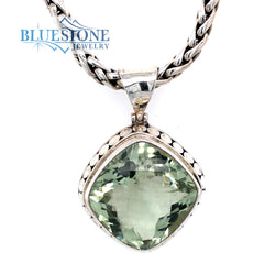 Extra Large Sterling Silver Pendant with One Square Cushion Cut Green