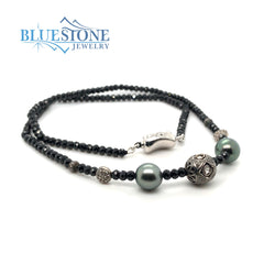 Black Spinel Beaded Necklace with Five Black Rhodium Plated Sterling S