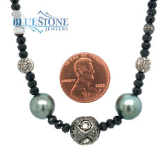 Black Spinel Beaded Necklace with Five Black Rhodium Plated Sterling S