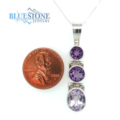 Sterling Silver Rhodium Plated Pendant with Three Various Toned Amethy