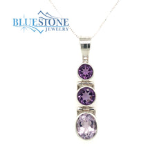 Sterling Silver Rhodium Plated Pendant with Three Various Toned Amethy