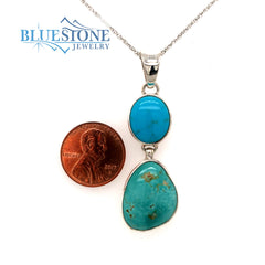 Sterling Silver Rhodium Plated Pendant with Two Natural Turquoises. Pe