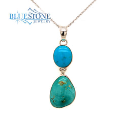 Sterling Silver Rhodium Plated Pendant with Two Natural Turquoises. Pe