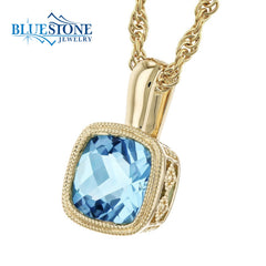 14 Karat Yellow Gold Pendant with One 1.10 Carat Square Cushion Cut Bl