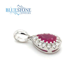 18 Karat White Gold Pendant with One 6mm x 4mm Pear Cut Natural Ruby a