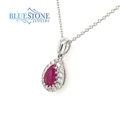 18 Karat White Gold Pendant with One 6mm x 4mm Pear Cut Natural Ruby a