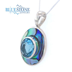 Sterling Silver Oval Abalone Pendant with Blue Topaz -18"