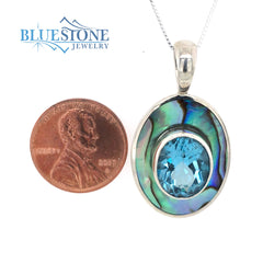 Sterling Silver Oval Abalone Pendant with Blue Topaz -18"