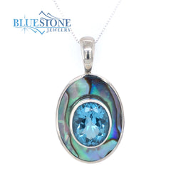 Sterling Silver Oval Abalone Pendant with Blue Topaz -18"