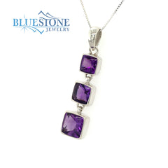 Sterling Silver Rhodium Plated Pendant Featuring Three Square Cut Amet