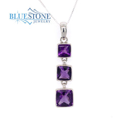 Sterling Silver Rhodium Plated Pendant Featuring Three Square Cut Amet