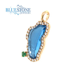 Large 14KYG Lake Tahoe Diamond Outline Pendant w/ Hydro Topaz & Emerald