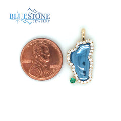 Large 14KYG Lake Tahoe Diamond Outline Pendant w/ Hydro Topaz & Emerald