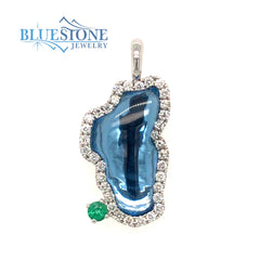 Large 14KWG Diamond Outline Pendant w/ Hydro Topaz & Emerald