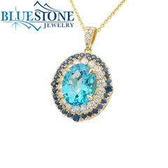 14 Karat Yellow Gold Pendant with 2.53 Carat Oval Cut Blue Topaz, 29 R