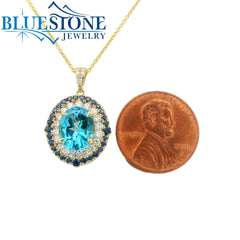 14 Karat Yellow Gold Pendant with 2.53 Carat Oval Cut Blue Topaz, 29 R