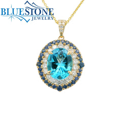 14 Karat Yellow Gold Pendant with 2.53 Carat Oval Cut Blue Topaz, 29 R