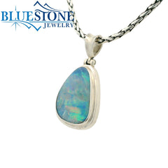 Medium Sterling Silver Pendant with One Australian Opal. Pendant Measu