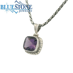 Medium Sterling Silver Pendant with One Square Cushion Cut Amethyst on